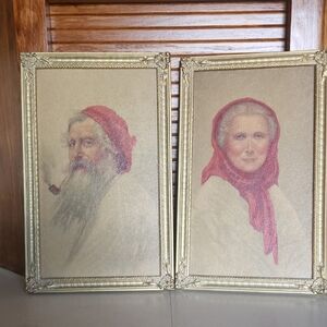 Vintage Old Man & Woman Of Capri Textured Prints Vintage Gold Frames Set 2